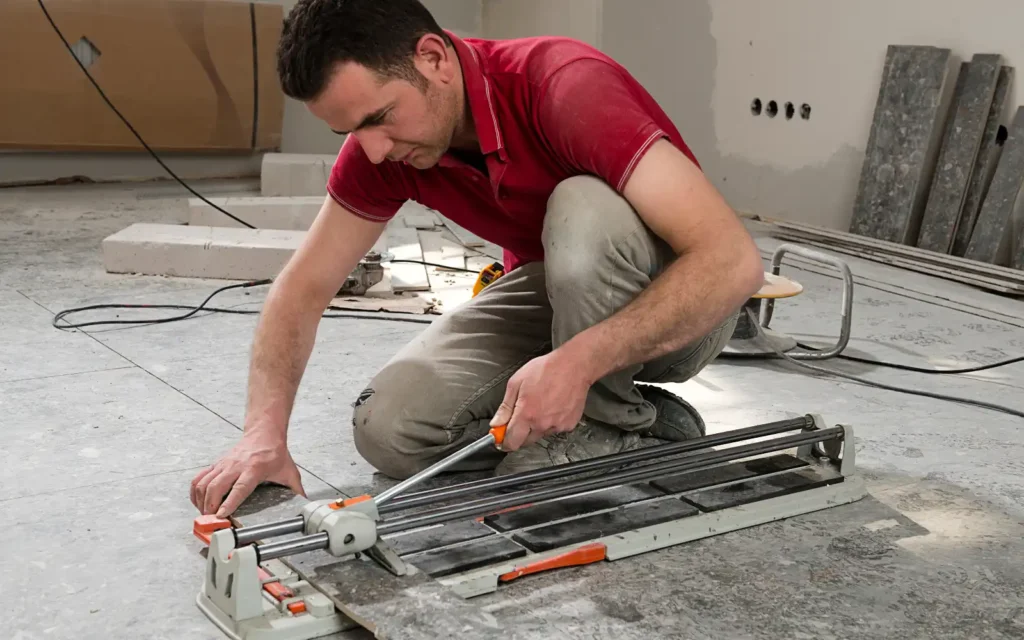 Portsmouth-bathroom-fitter-cutting-bathroom-tiles-on-floor