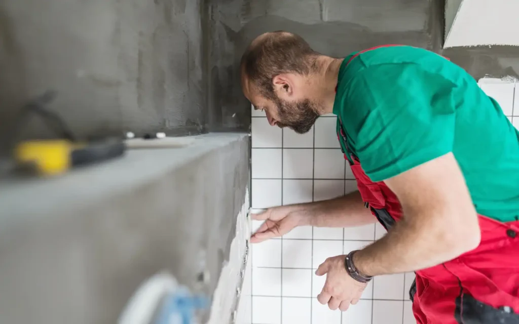 Bathroom-fitter-paying-attention-to-detail-when-tiling